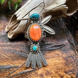 925 Sterling Silver Hummingbird Ring - Kingman Turquoise Spiny Oyster - Sz 8